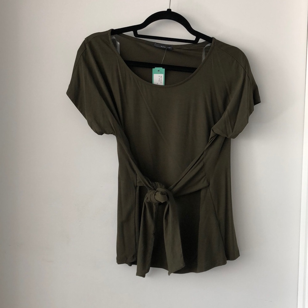 Olive green short sleeve jersey tunic with tie